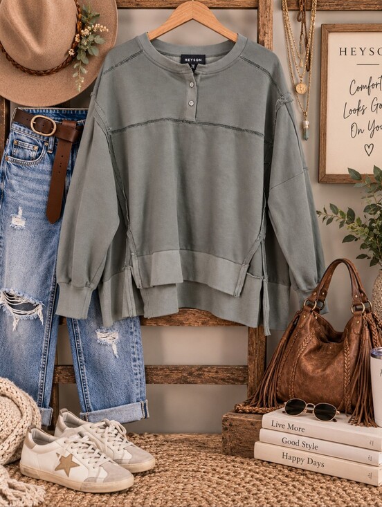 heyson Tops - HEYSON Size L Oversized Olive Henley Sweatshirt Exposed Seam Raw Edge Pullover